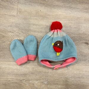 Baby Boden Blue and Pink Bird Hat and Mittens